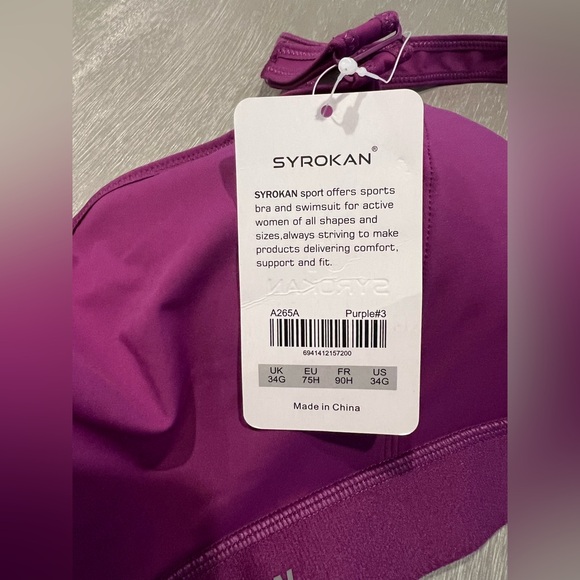 SYROKAN new purple Front adjustable padded sports bra work out bra women’s 34G - Picture 9 of 13